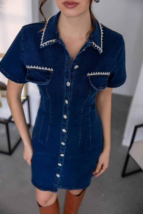 Taş İşlemeli Denim Elbise - LACİVERT