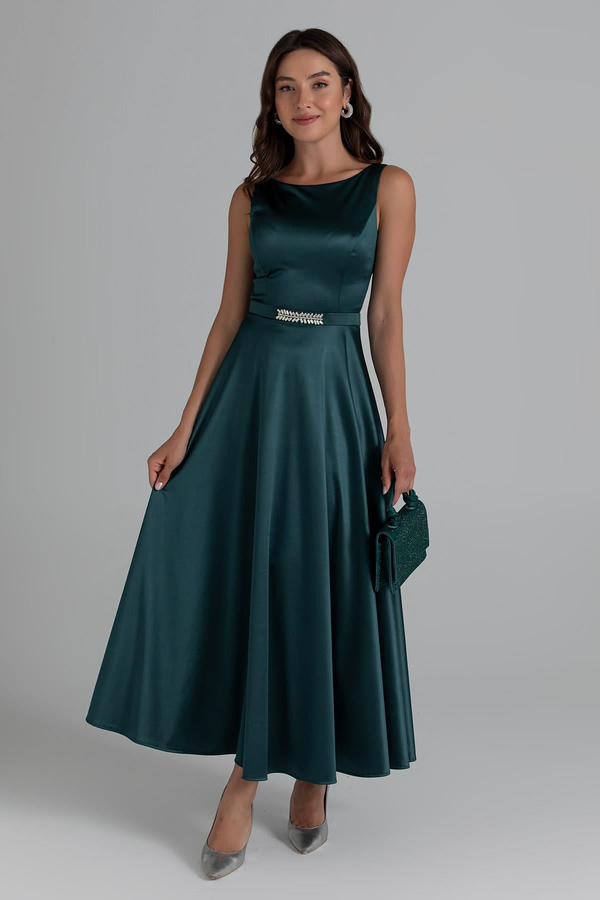 Taş Kemerli Saten Abiye - ZÜMRÜT YEŞİL
