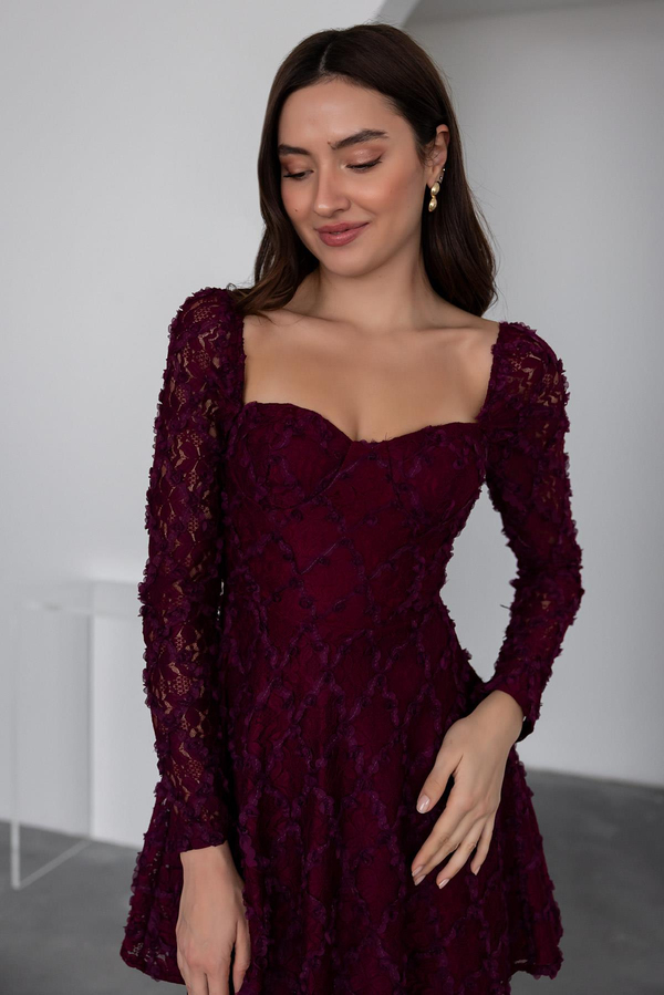 Tasarım Kalp Yaka Mini Elbise - BORDO