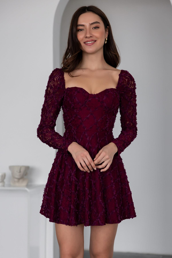 Tasarım Kalp Yaka Mini Elbise - BORDO