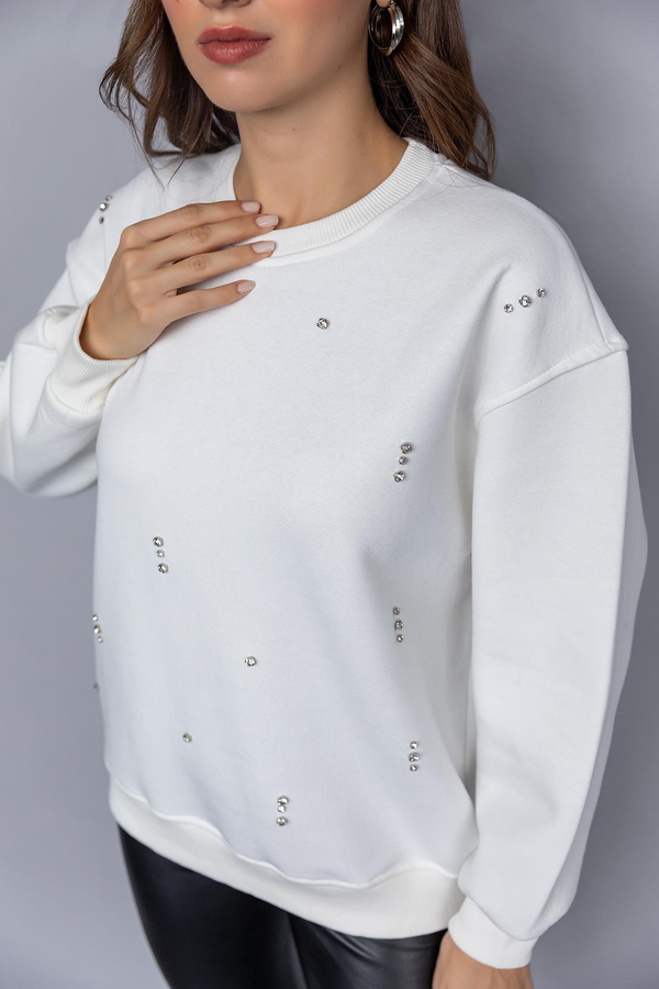 Taşlı Sweatshirt - BEYAZ