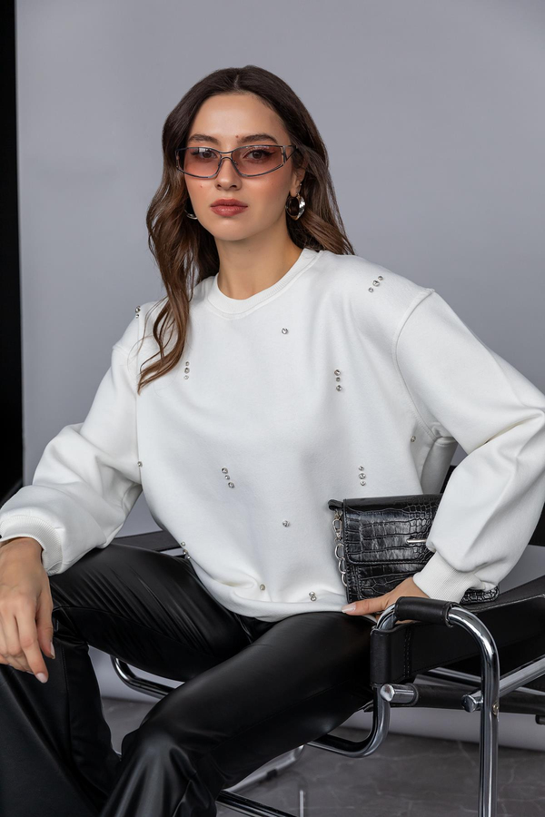 Taşlı Sweatshirt - BEYAZ