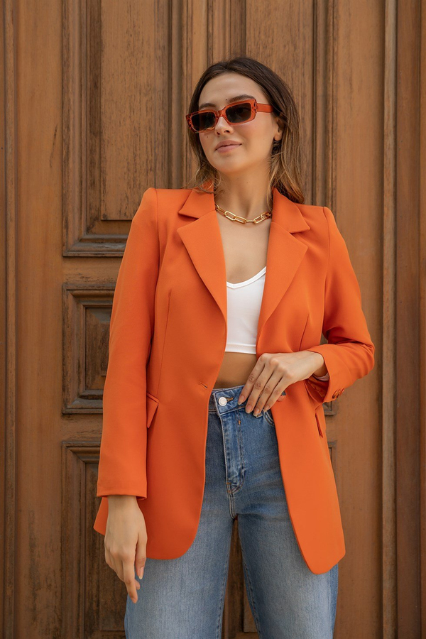 Tek Düğme Cepli Blazer Ceket - TURUNCU