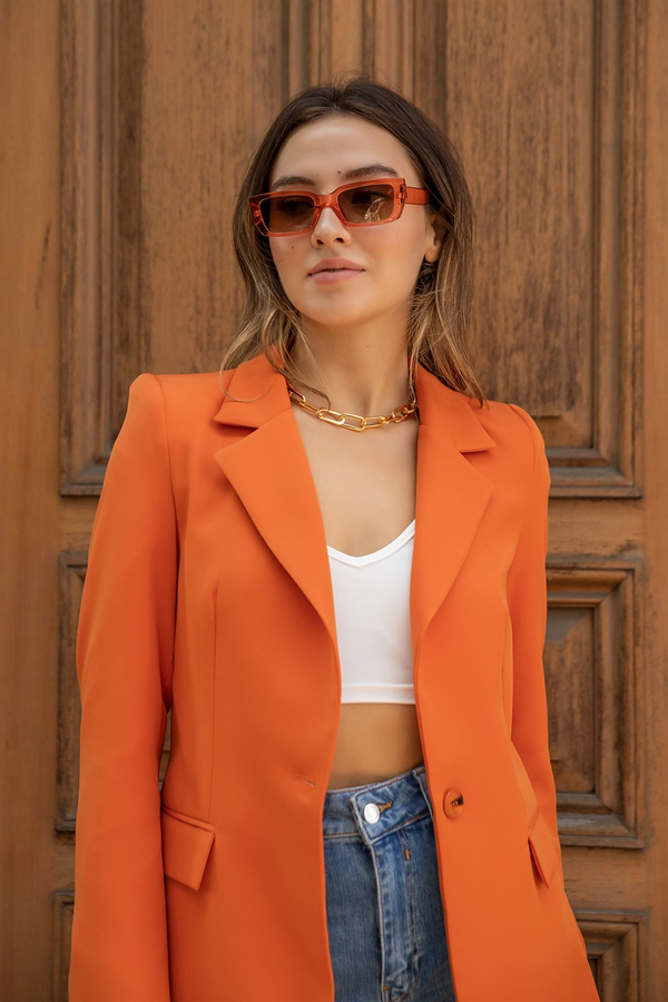 Tek Düğme Cepli Blazer Ceket - TURUNCU