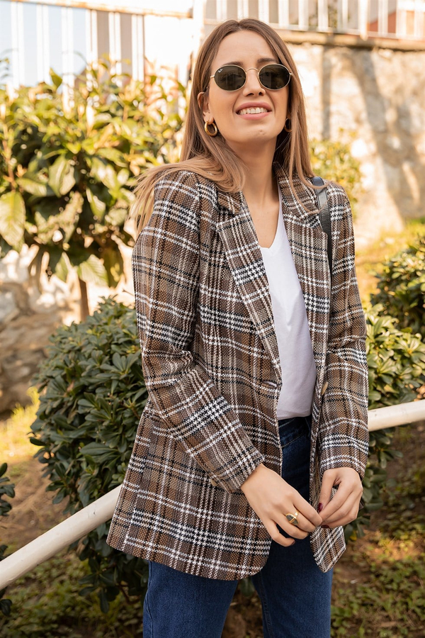 Tek Düğmeli Ekose Ceket - VİZON