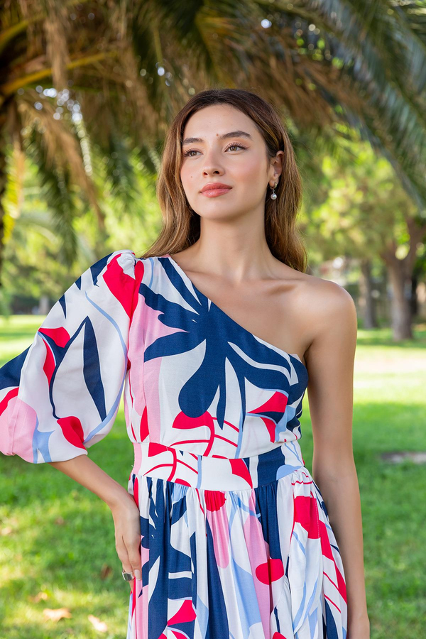 Tek Kol Volanlı Asimetrik Elbise - MAVİ