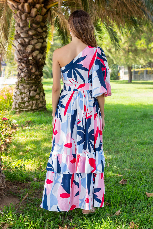 Tek Kol Volanlı Asimetrik Elbise - MAVİ