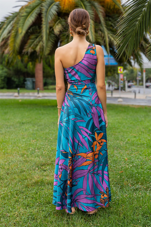 Tek Omuz Cut Out Elbise - MAVİ