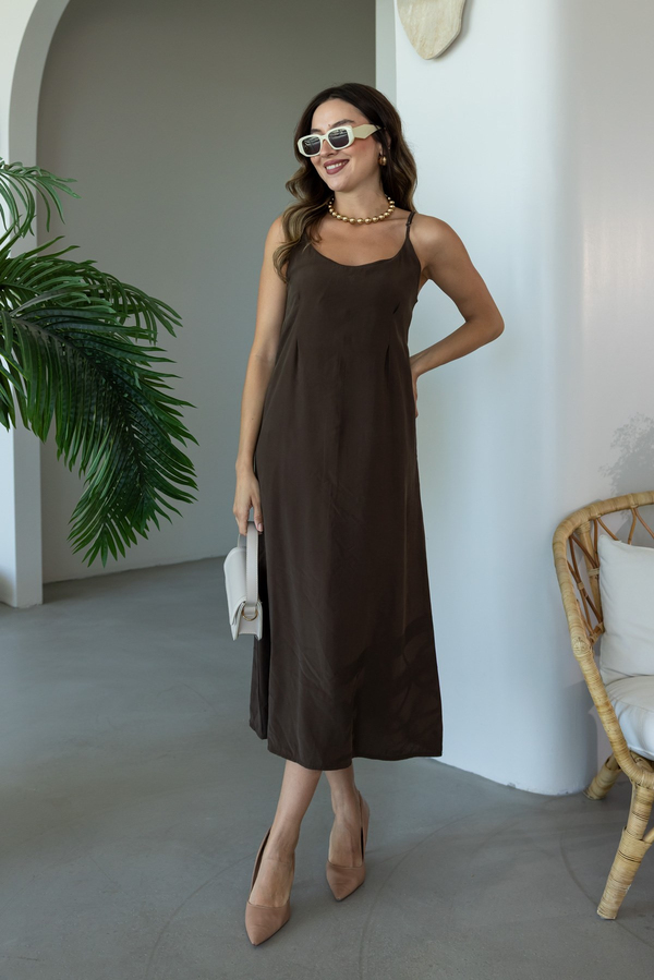Tencel Gömlek Elbise Takım - KAHVERENGİ