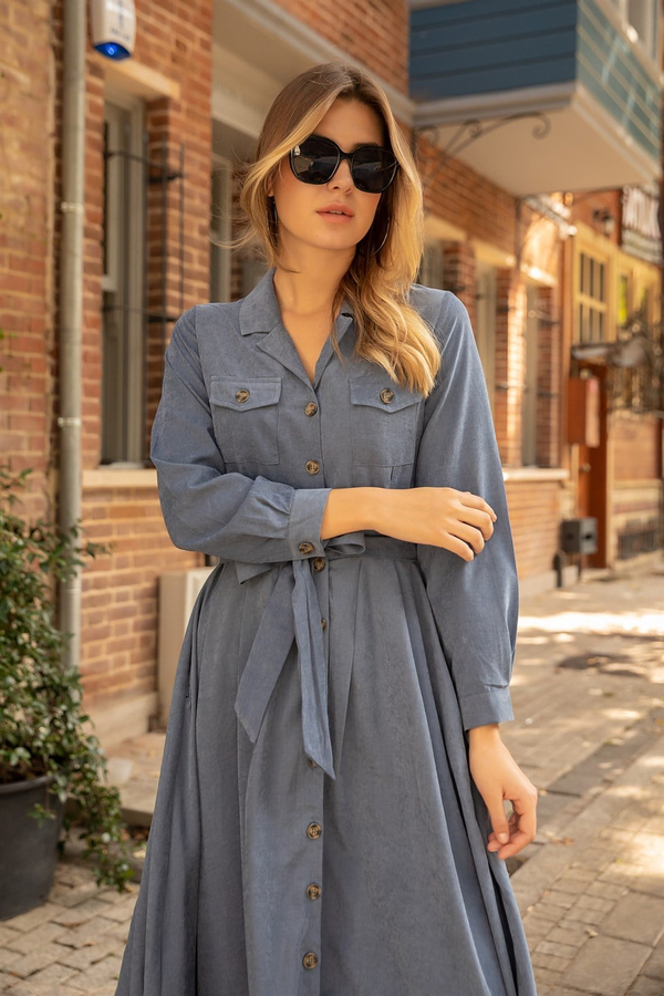 Tencel Kuşaklı Elbise - İNDİGO