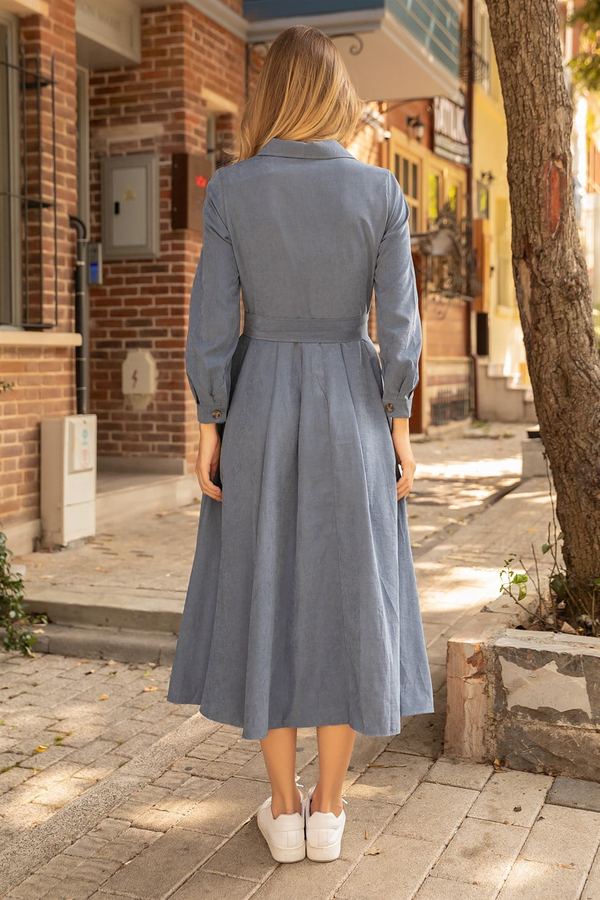 Tencel Kuşaklı Elbise - İNDİGO