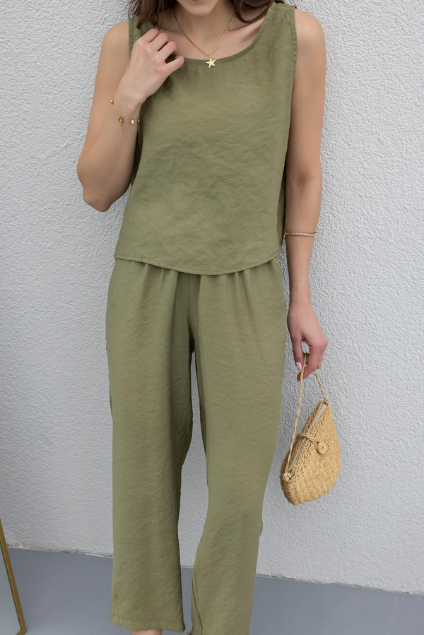 Tencel Blouse and Pants Set - OLIVE GREEN