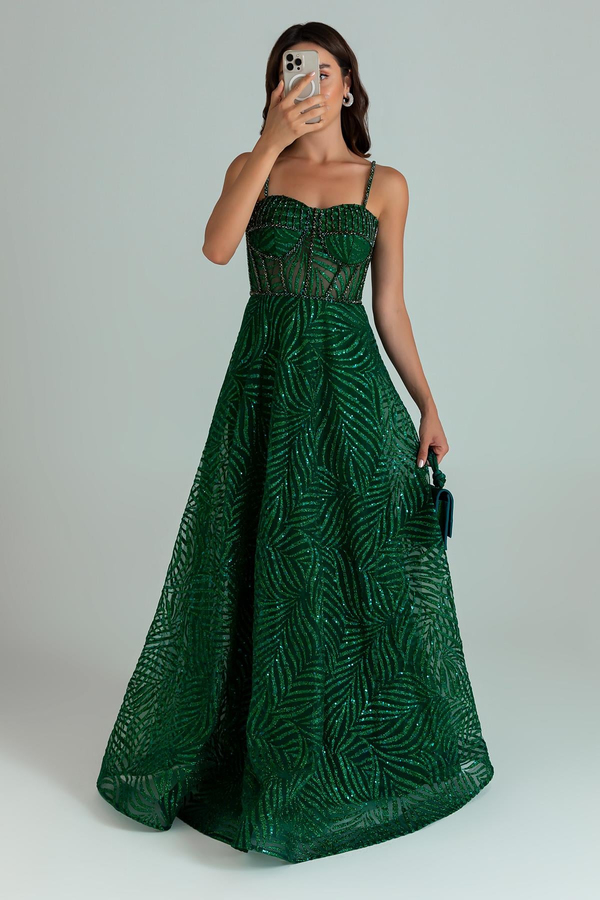 Sheer Panel Glitter Gown - EMERALD GREEN