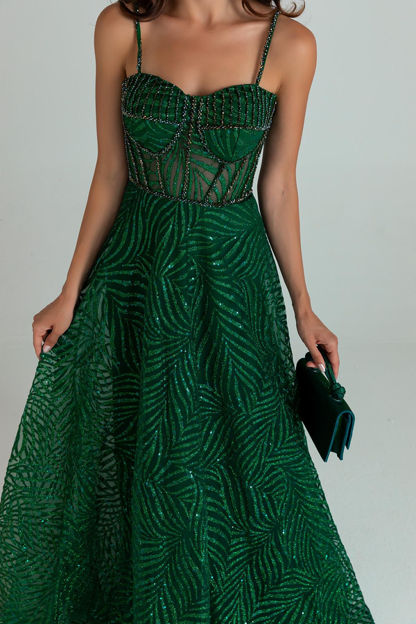 Sheer Panel Glitter Gown - EMERALD GREEN