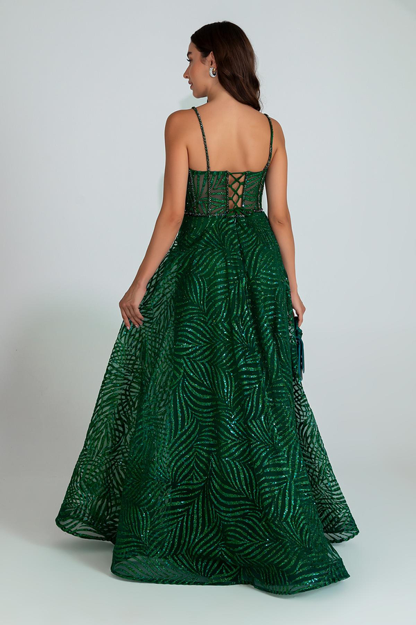 Sheer Panel Glitter Gown - EMERALD GREEN
