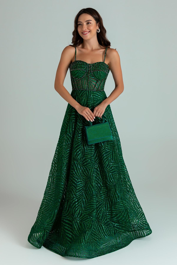 Sheer Panel Glitter Gown - EMERALD GREEN