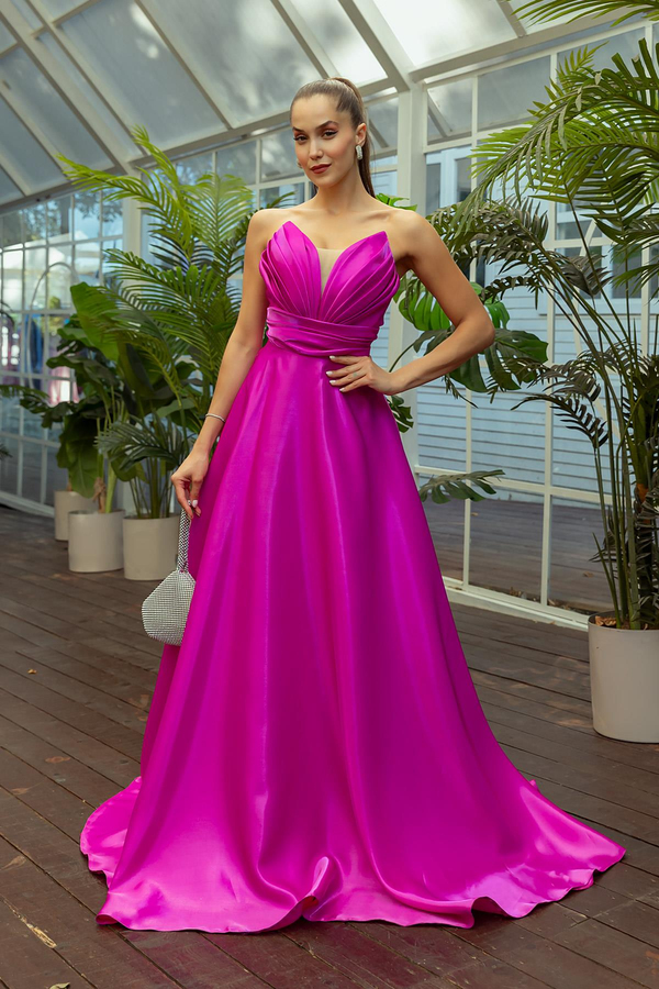 Transparan Sırt Detay Saten Abiye - FUŞYA