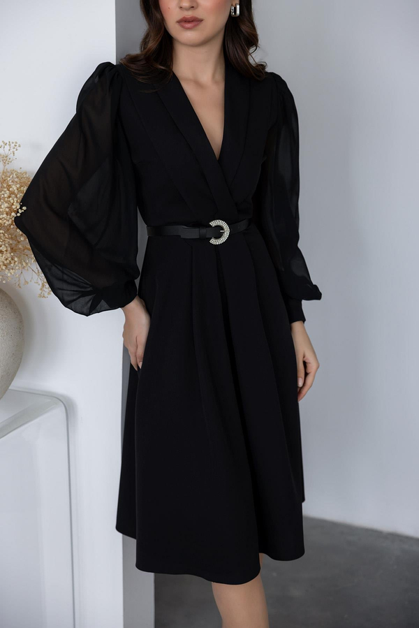 Tül Detaylı Kemerli Elbise - SİYAH