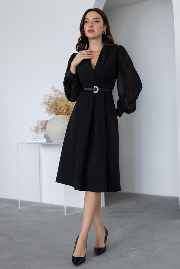 Tül Detaylı Kemerli Elbise - SİYAH