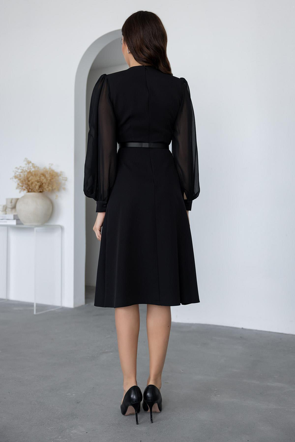 Tül Detaylı Kemerli Elbise - SİYAH