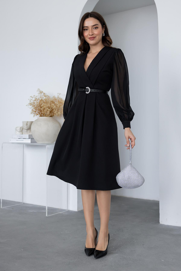 Tül Detaylı Kemerli Elbise - SİYAH