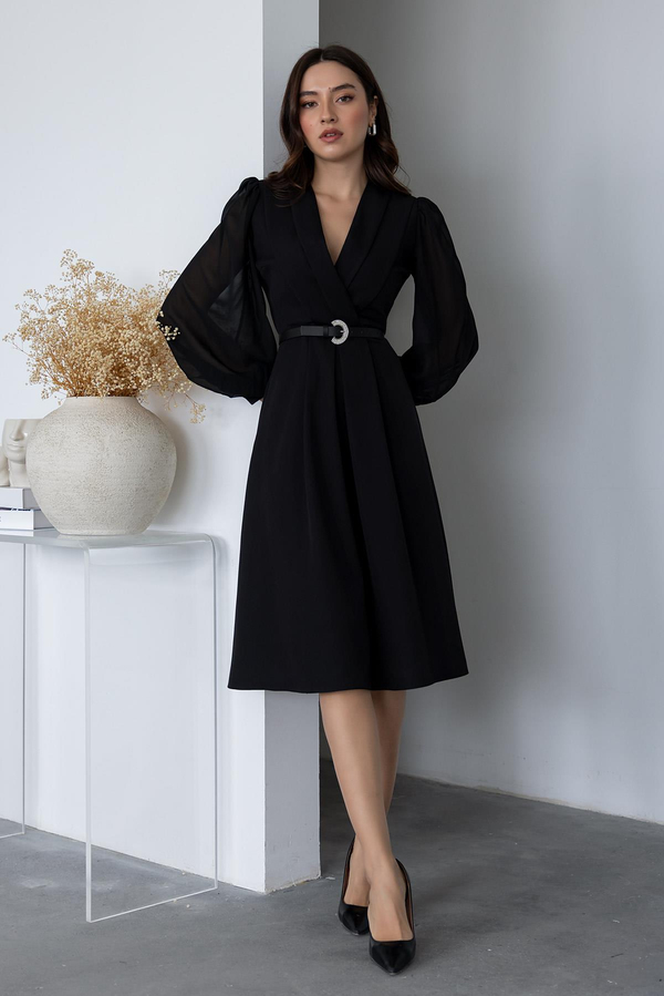 Tül Detaylı Kemerli Elbise - SİYAH