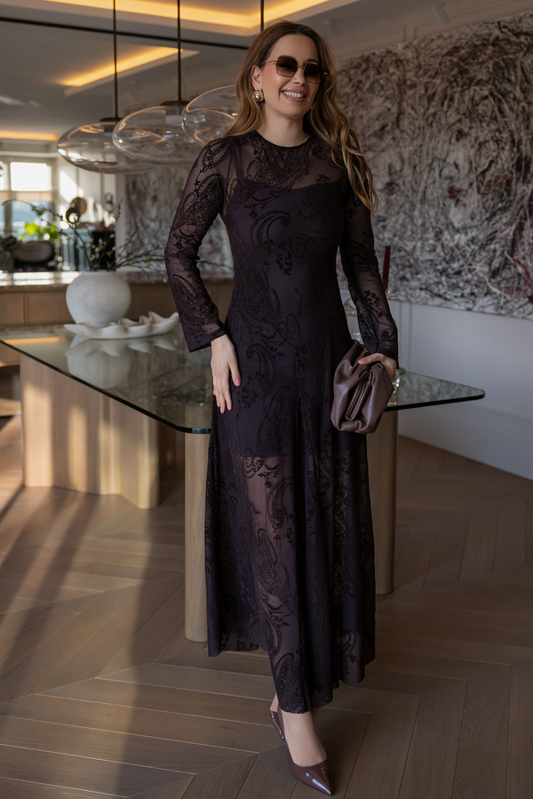 Tül Flok Baskılı Kloş Elbise - KAHVERENGİ