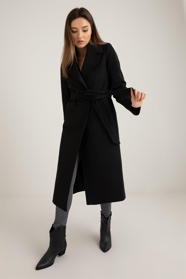 Uzun Kuşaklı Kaşe Kaban - SİYAH