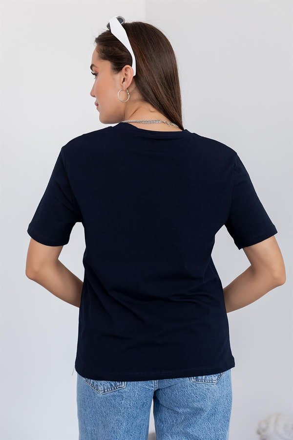 V Yaka Basic Pamuklu T-Shirt - LACİVERT