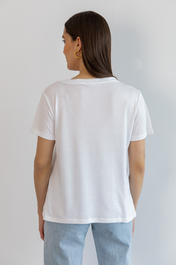 V Yaka Basic T-Shirt - BEYAZ