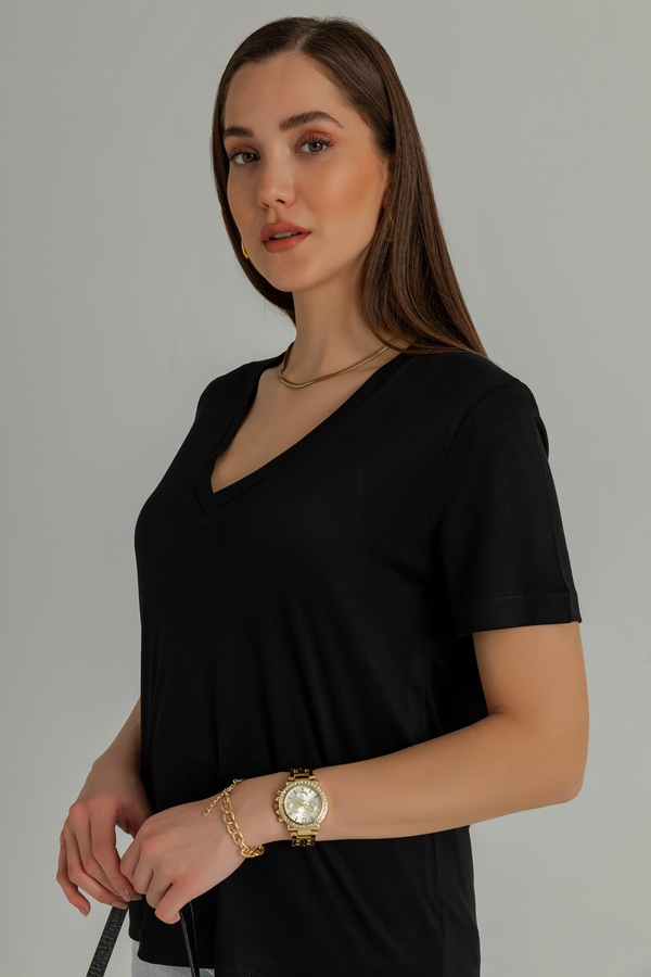 V Yaka Basic T-Shirt - SİYAH