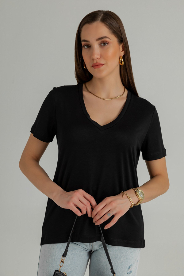 V Yaka Basic T-Shirt - SİYAH