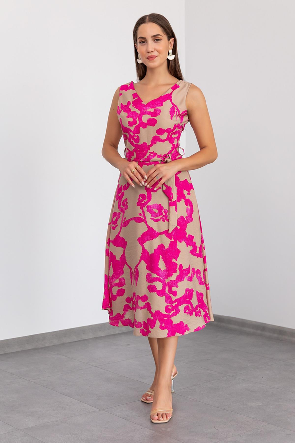V Yaka Desenli Midi Elbise - PEMBE