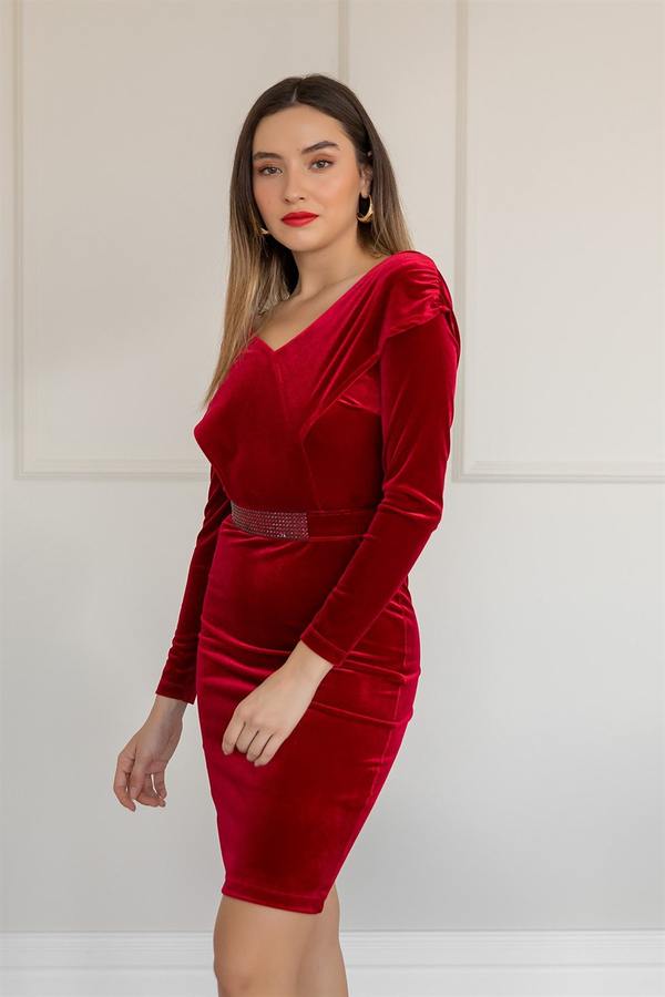 V Yaka Kadife Kemerli Abiye - BORDO