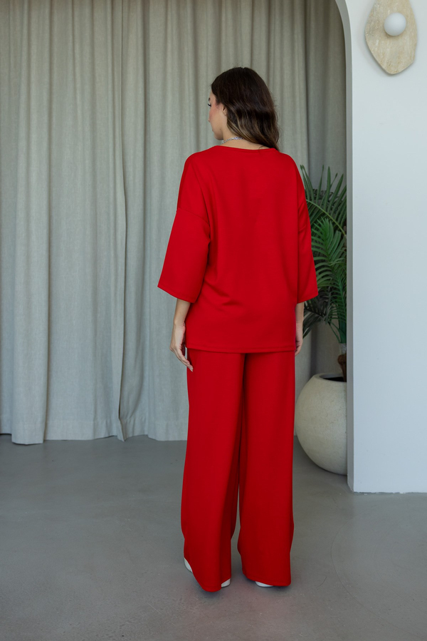 V Yaka Oversize Modal Takım - KIRMIZI