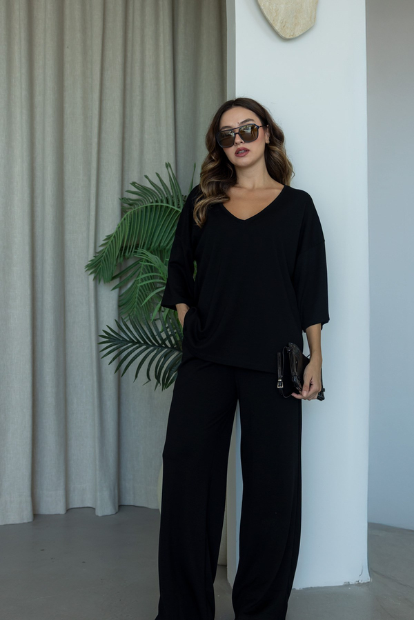 V Yaka Oversize Modal Takım - SİYAH
