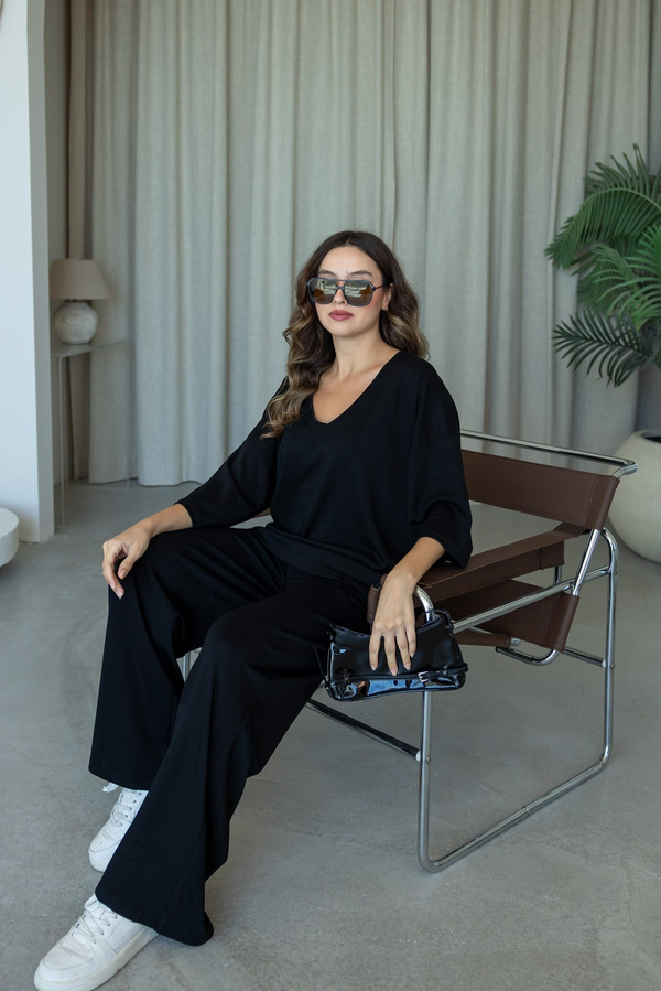 V Yaka Oversize Modal Takım - SİYAH