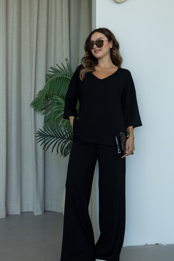 V Yaka Oversize Modal Takım - SİYAH