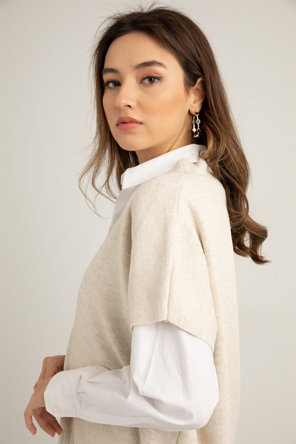 V Yaka Süeter - BEJ