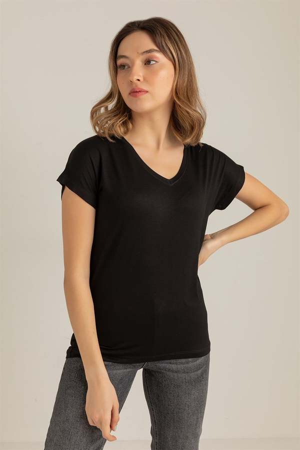 V Yakalı Basic T-Shirt - SİYAH