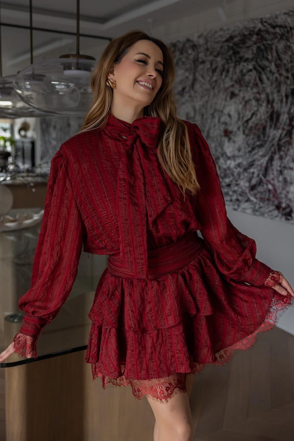 Vatkalı Dantel Detay Elbise - BORDO