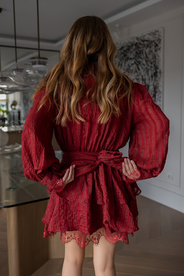 Vatkalı Dantel Detay Elbise - BORDO