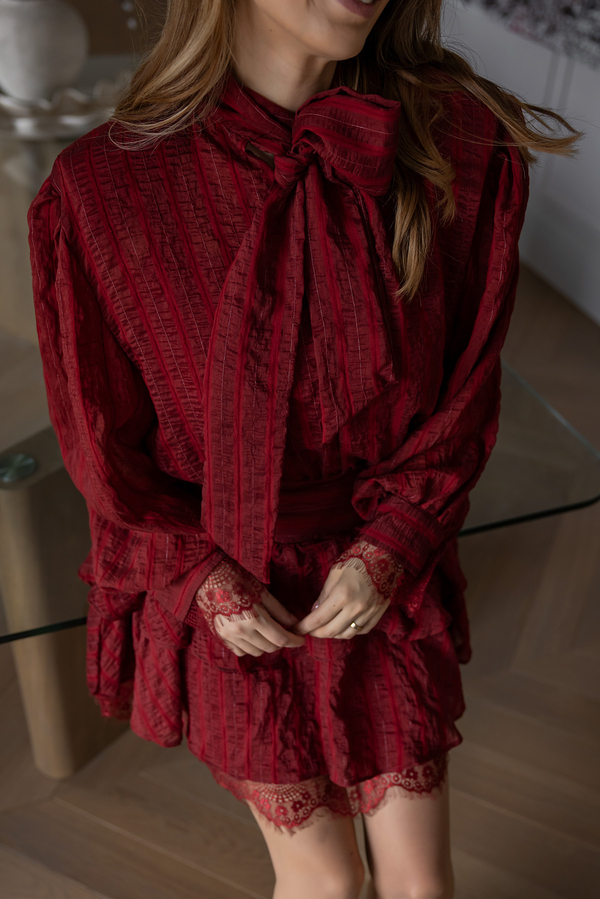 Vatkalı Dantel Detay Elbise - BORDO