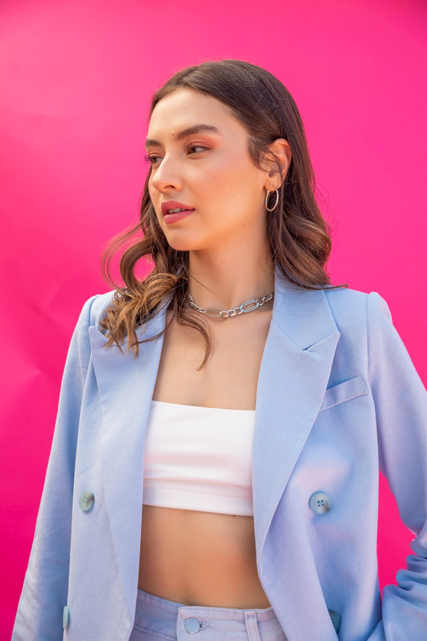 Vatkalı Keten Blazer Ceket - BEBE MAVİSİ