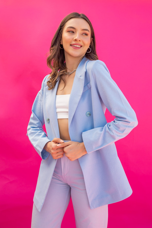 Vatkalı Keten Blazer Ceket - BEBE MAVİSİ