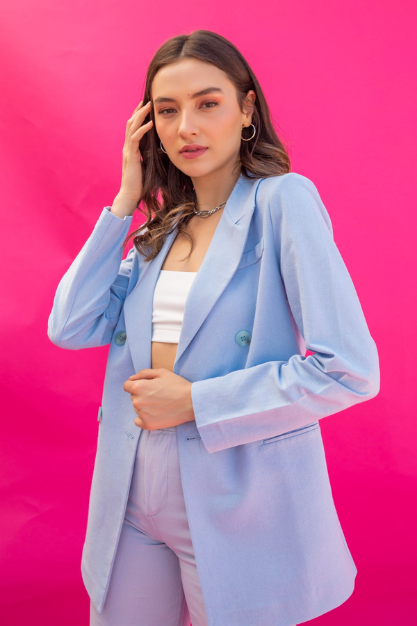 Vatkalı Keten Blazer Ceket - BEBE MAVİSİ