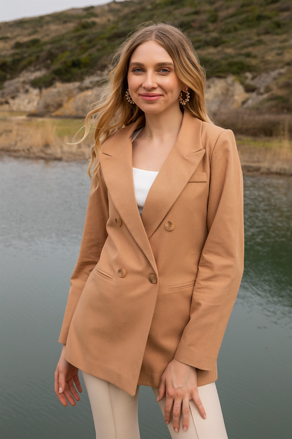 Vatkalı Keten Blazer Ceket - CAMEL