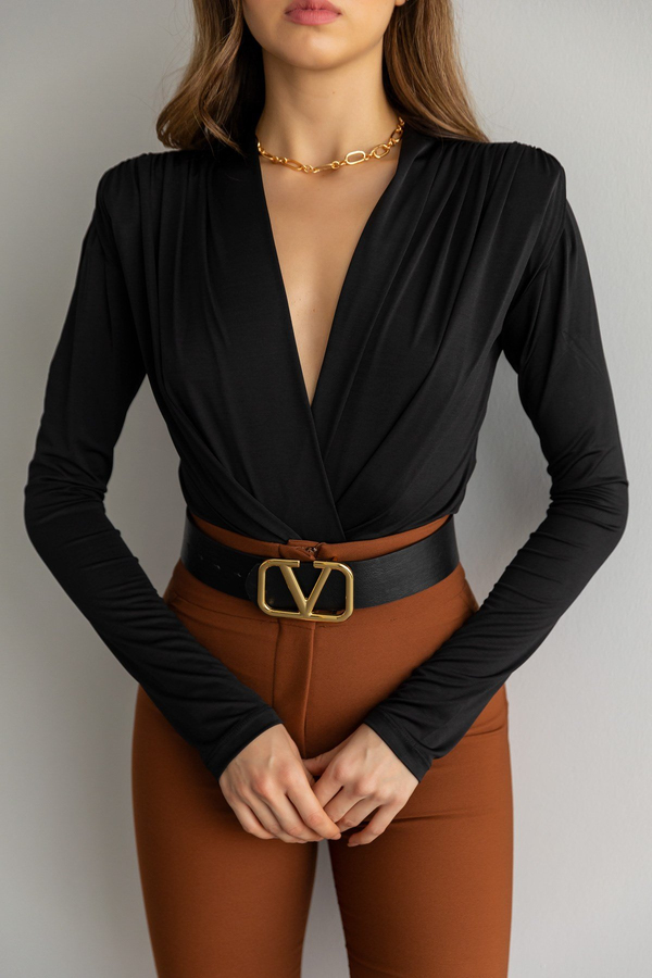 Vatkalı Kruvaze Bodysuit - SİYAH