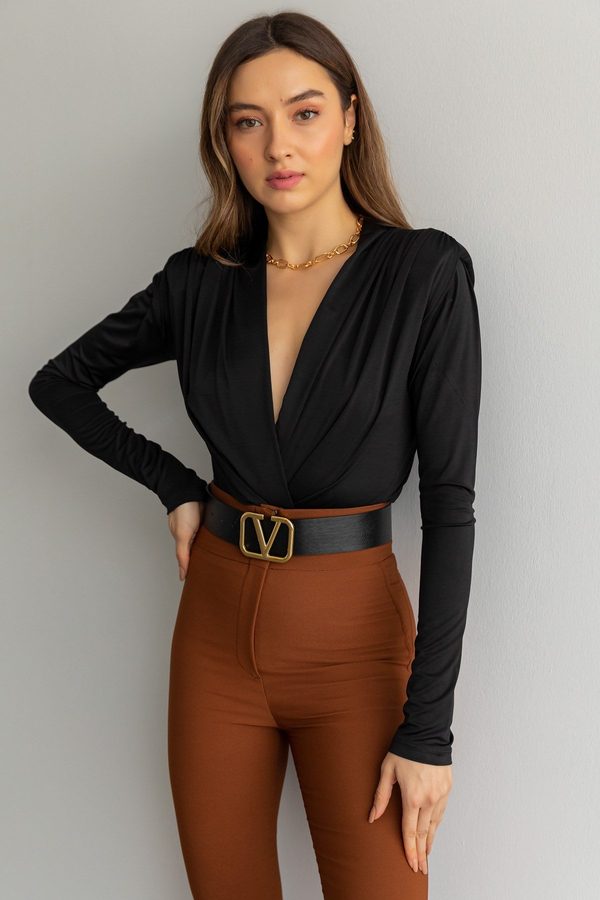 Vatkalı Kruvaze Bodysuit - SİYAH