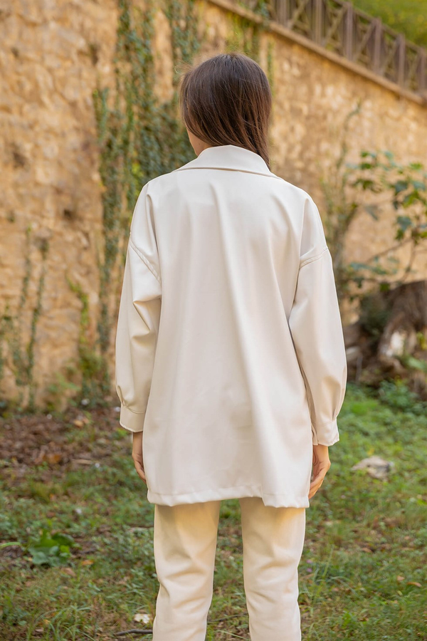 Vintage Stil Deri Ceket - KREM